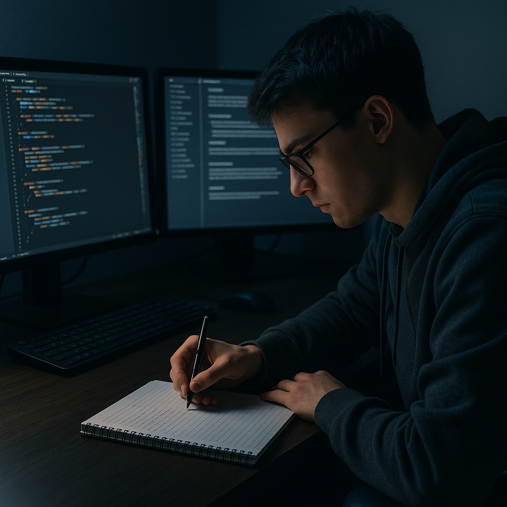 Estudiante tomando notas frente a dos monitores con código y documentación